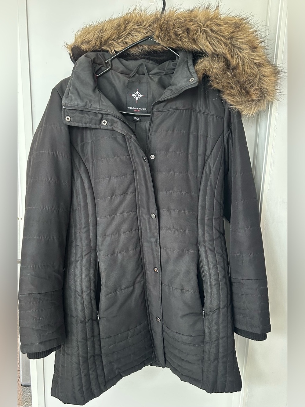 Weather Tamer Black Quilted Mid-Length Puffer Coat with Faux-Fur Hood - Size M